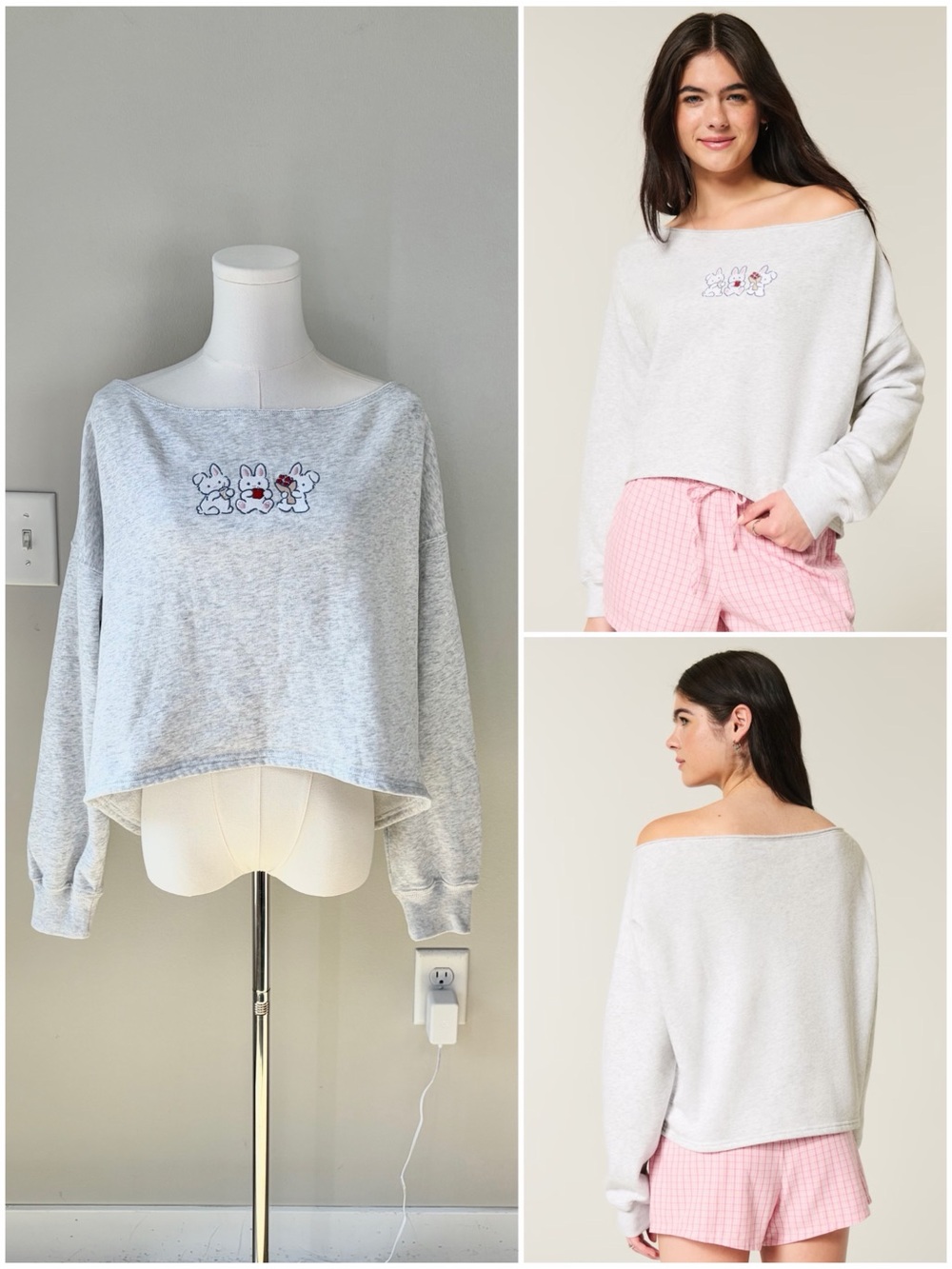 Hollister Heather Gray Easy Double Off The Shoulder Bunny Graphic Sweatshirt